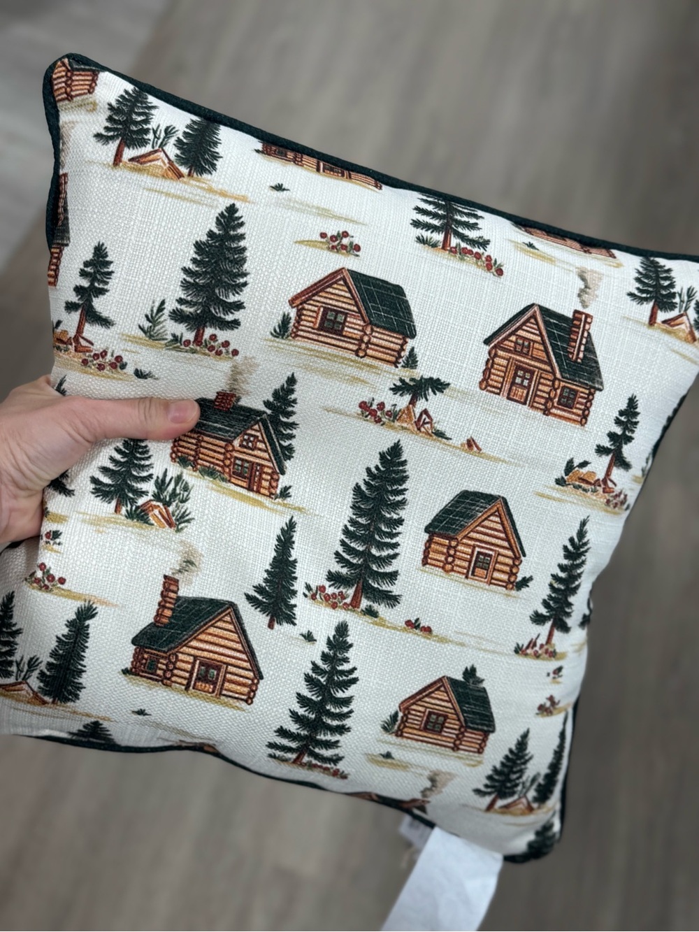 Cabin Print Decorative Pillow - White with Green and Brown